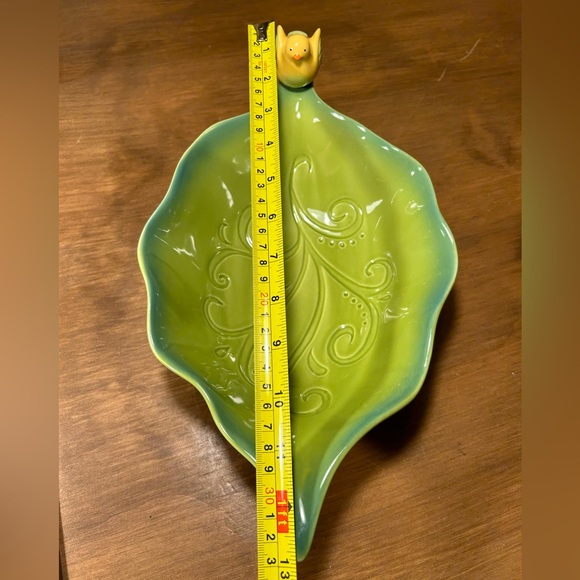 Grasslands Road Ceramic Green Leaf Serving Bowl Dish with Yellow Bird 13x7.5" - Picture 5 of 7